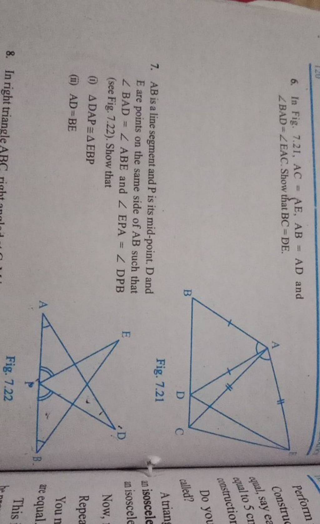 6 In Fig 7 21 Ac Ae Ab Ad And Perform ∠bad ∠eac Show That Bc De Cons