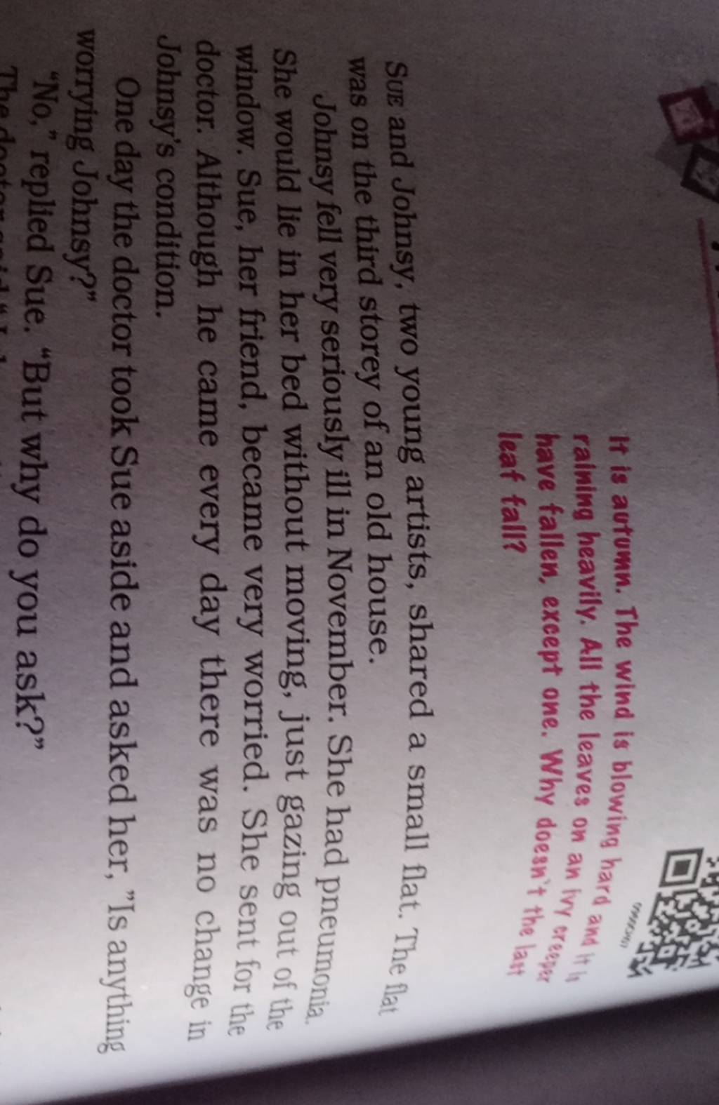 It is autumn. The wind is blowing hard and it raining heavily. All the le..