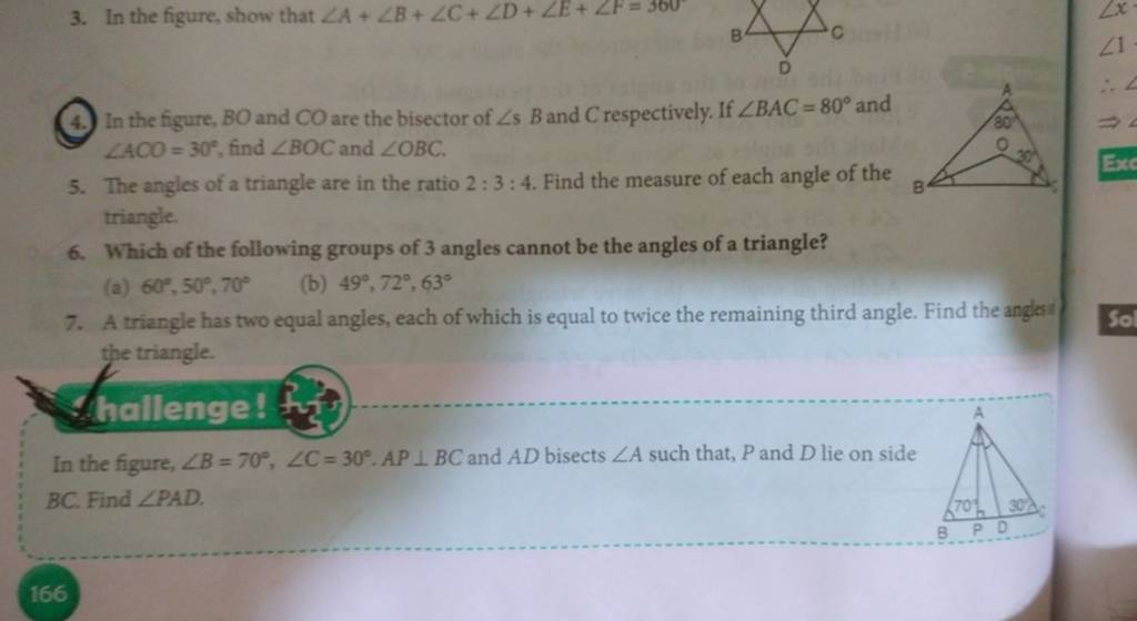 3. In the figure, show that ∠A+∠B+∠C+∠D+∠E+∠F=360 (4.) In the figure, BO