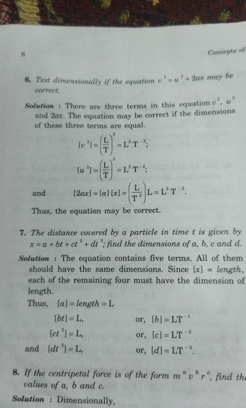 6. Test Dimensionally If The Equation V2=u2+2ax May Be Correct. Solution..