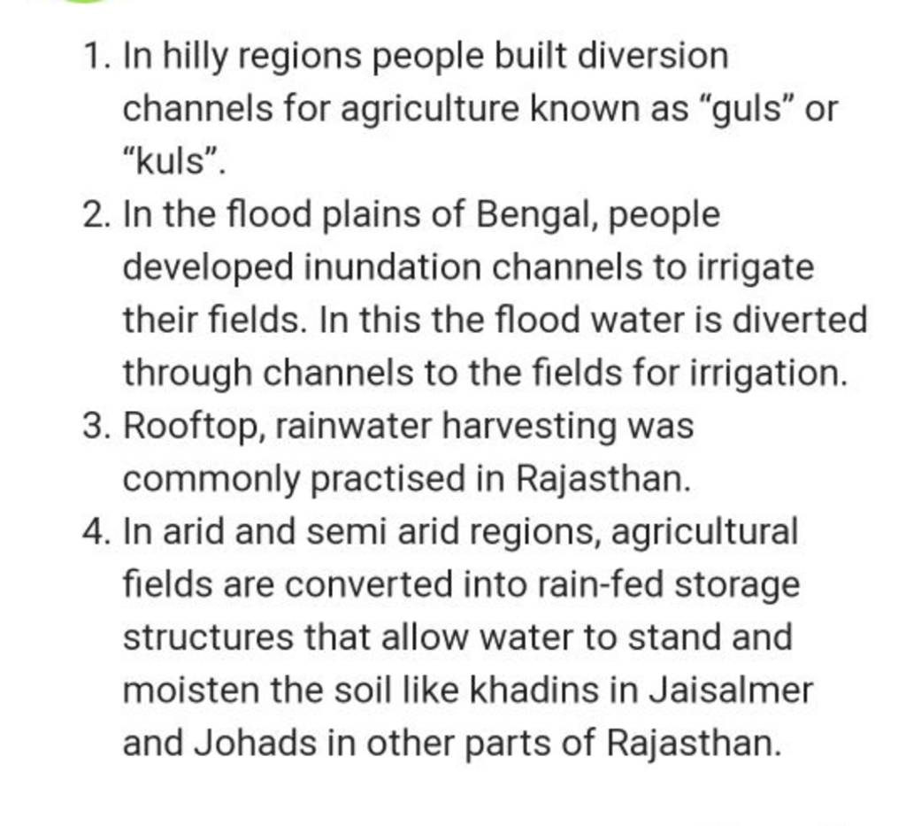 1. In hilly regions people built diversion channels for agriculture known..