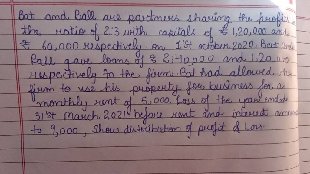 Bat and Ball are partners sharing the profits the ratio of 23 with capit..