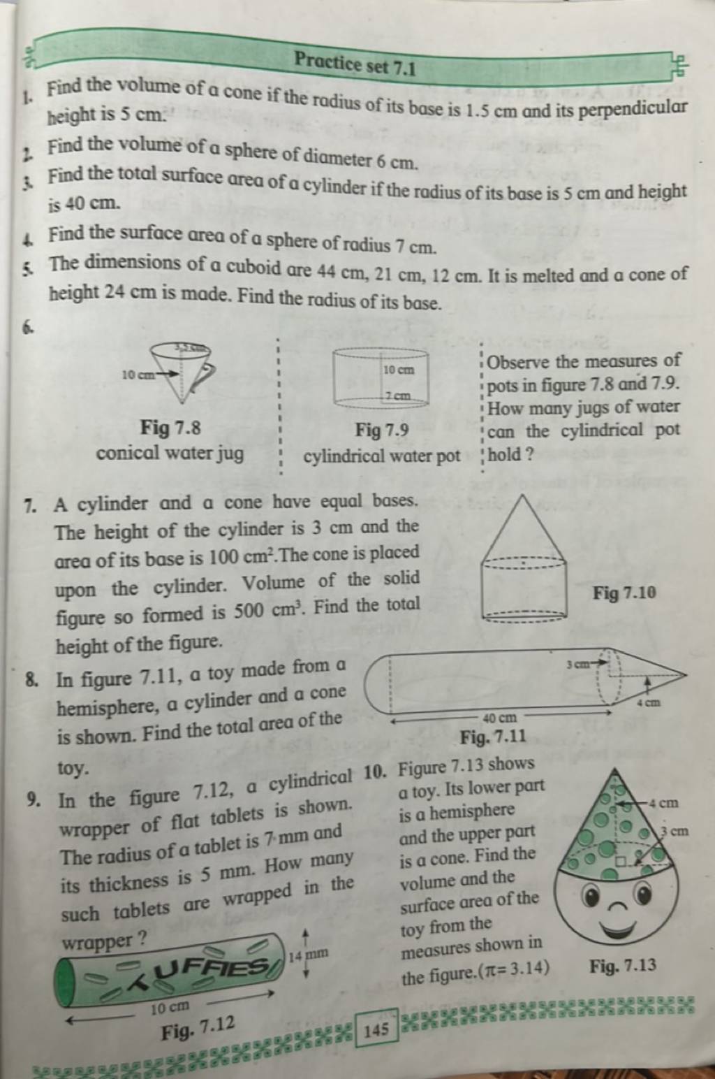 1. Find the volume of a cone if the radius of its base is 1.5 cm and its