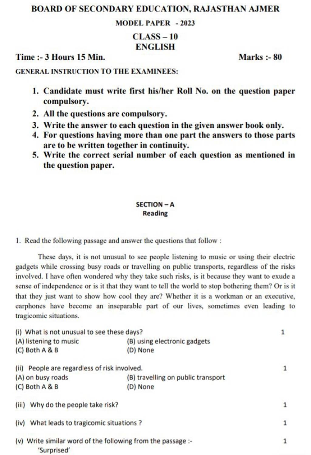 BOARD OF SECONDARY EDUCATION, RAJASTHAN AJMER MODEL PAPER 2023 CLASS