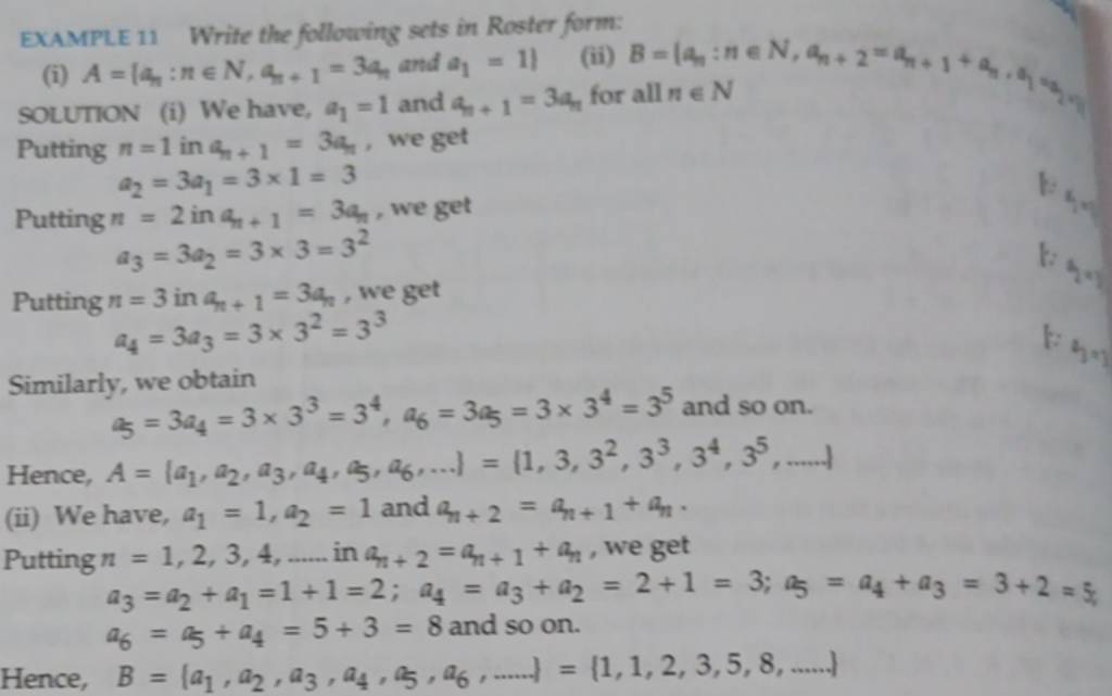 EXAMPLE 11 Write the following sets in Roster form (i) A={an n∈N,an+1