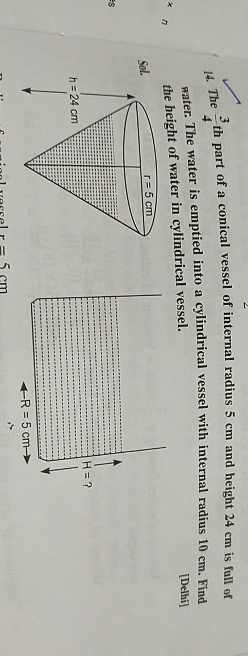 14. The 43 th part of a conical vessel of internal radius 5 cm and heigh..