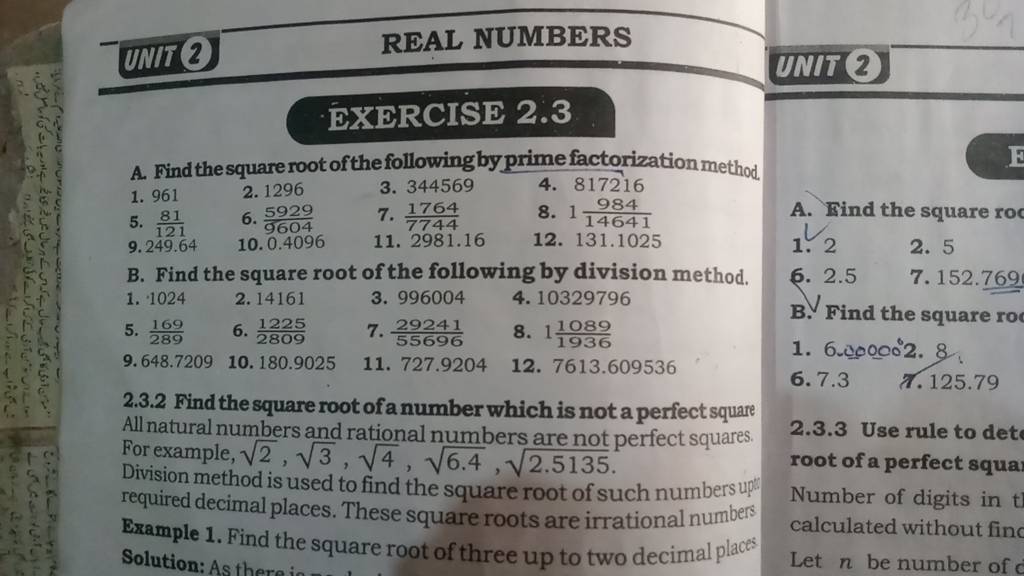 UAITI 2 REAL NUMBERS UNIT 2 EXERCISE 2 3 A Find The Square Root Of The 