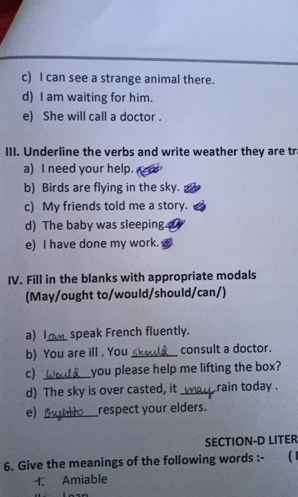Underline the verbs and write weather they are tri | Filo