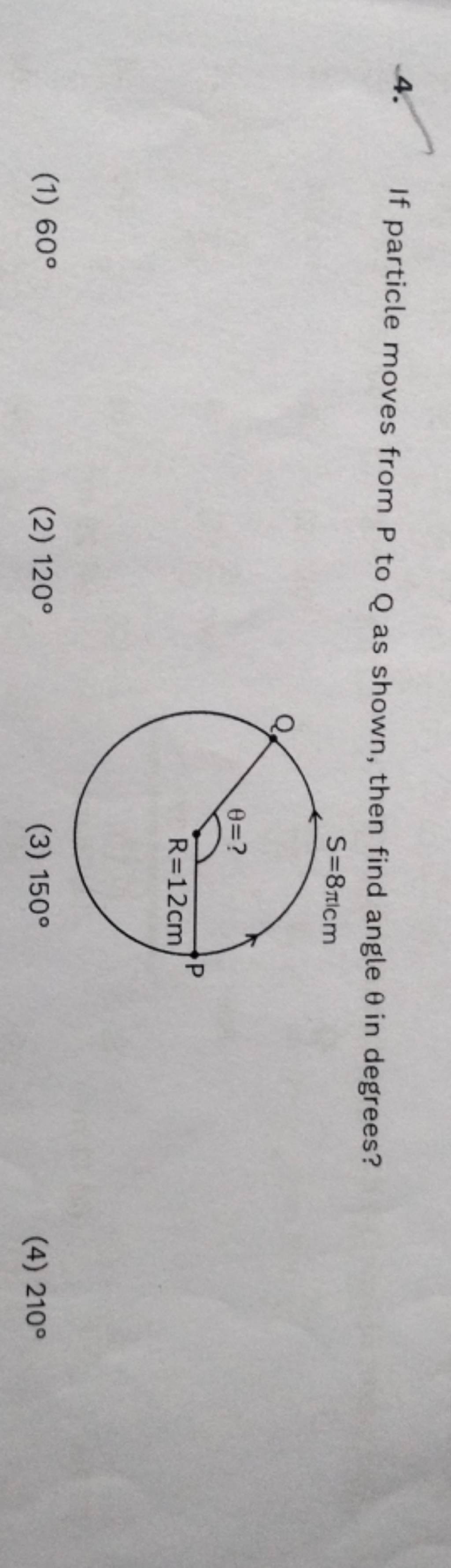 If particle moves from P to Q as shown, then find angle θ in degrees?