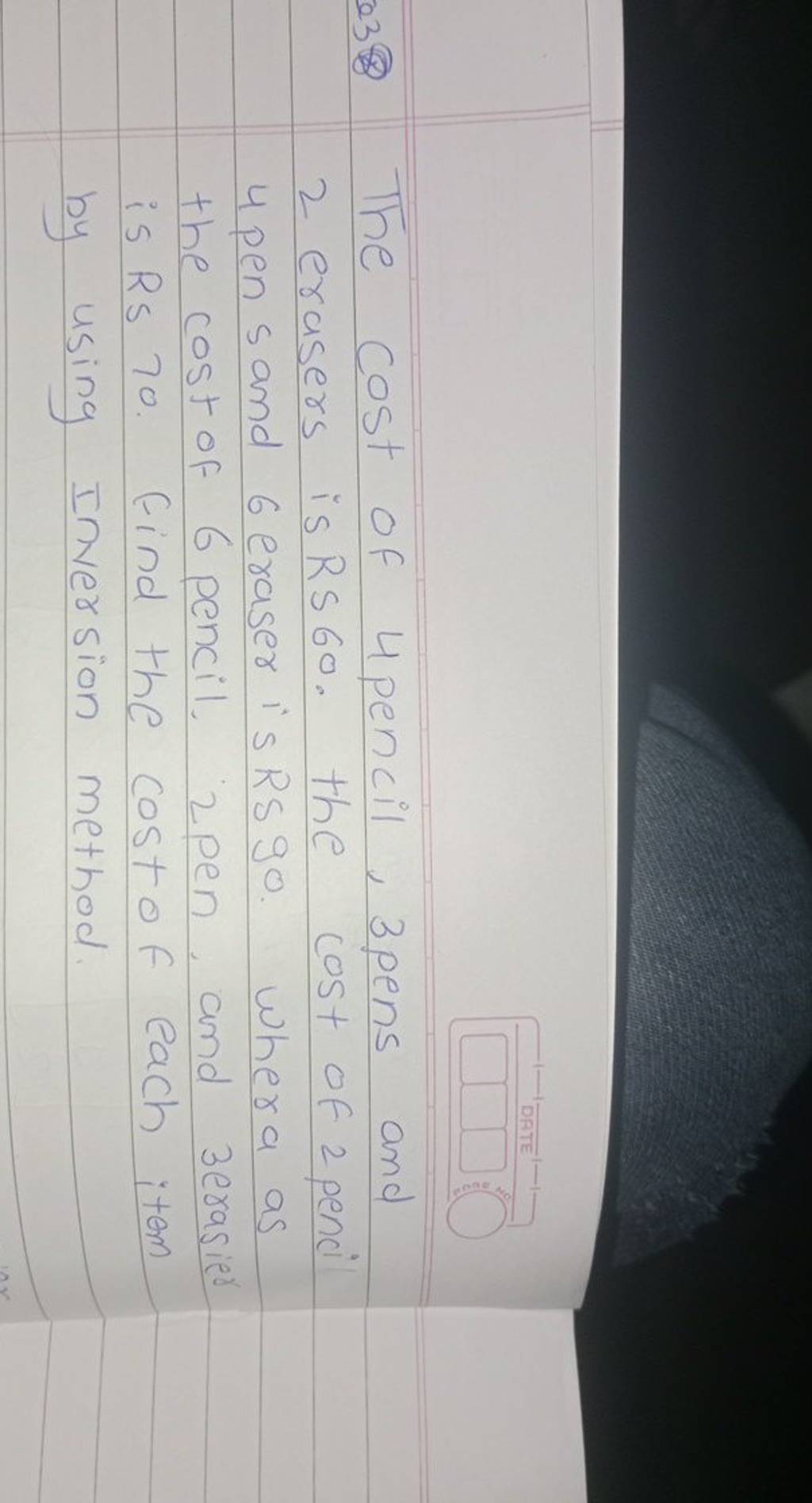 The cost of 4 pencil, 3 pens and 2 erasers is RS 60. the cost of 2 penci