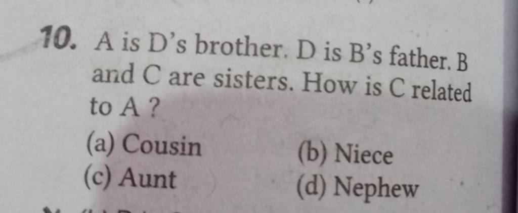 A Is D's Brother. D Is B's Father. B And C Are Sisters. How Is C Related