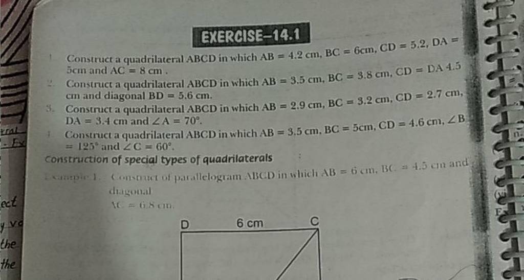 EXERCISE14.1 Construct a quadrilateral ABCD in which AB=4.2 cm,BC=6 cm,C..