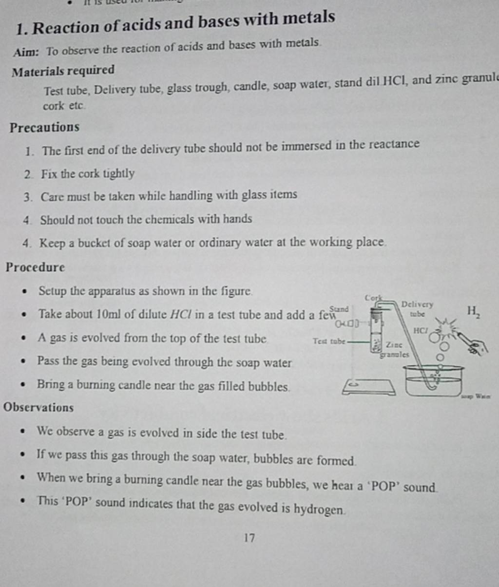 Aim To observe the reaction of acids and bases with metals. Materials re..