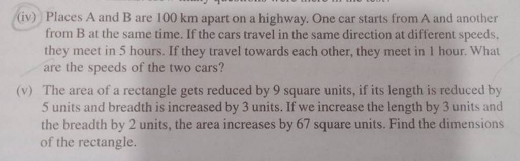 (iv) Places A And B Are 100 Km Apart On A Highway. One Car Starts From A