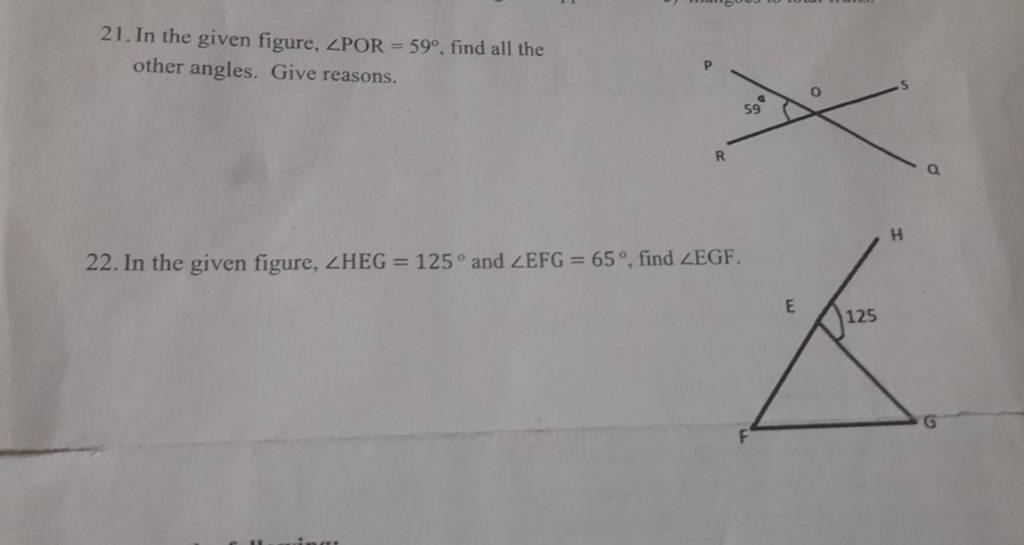 21. In the given figure, ∠POR=59∘, find all the other angles. Give reason..