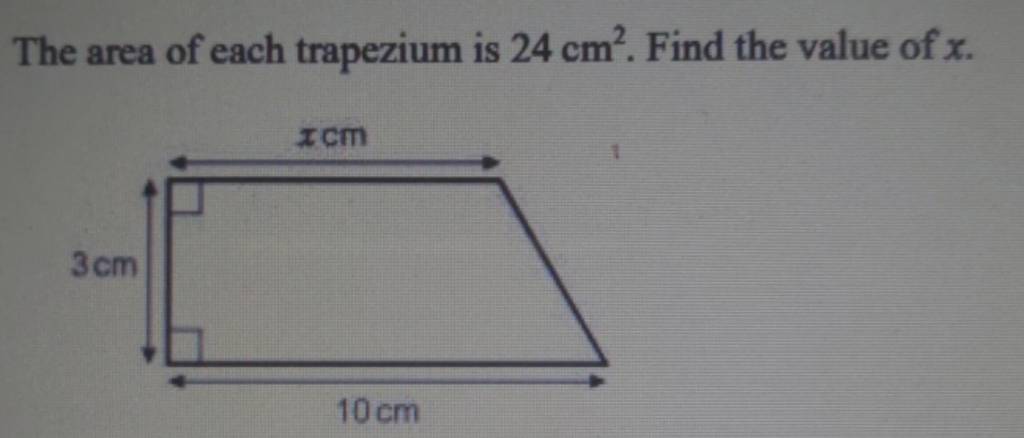 The area of each trapezium is 24 cm2. Find the value of x. | Filo