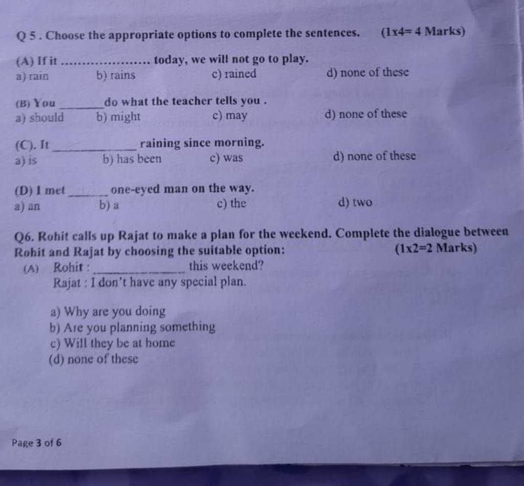 Q 5. Choose the appropriate options to complete the sentences. (1x4=4 Mar..