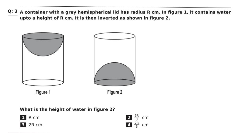 Q 3 A container with a grey hemispherical lid has radius Rcm. In figure