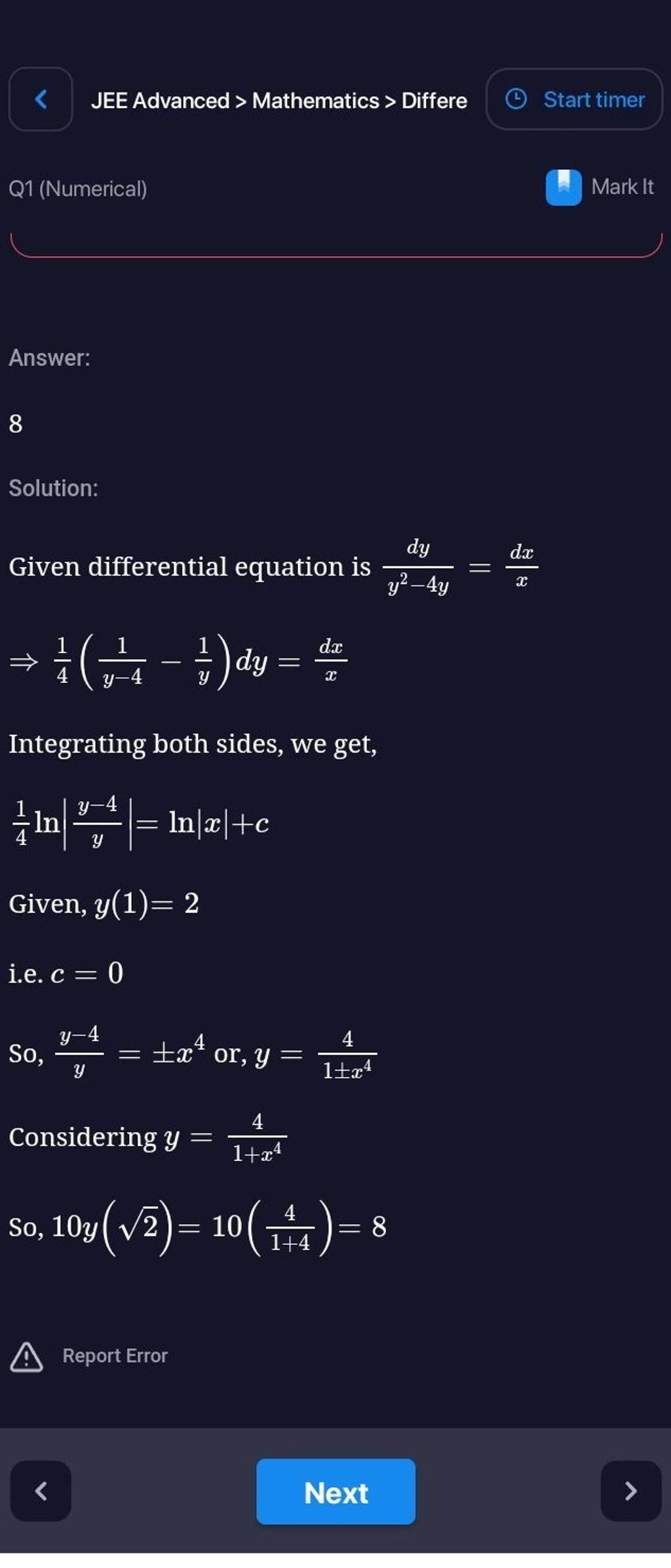 Answer 8 Solution Given Differential Equation Is Y2−4ydy Xdx ⇒41 Y−4 6321