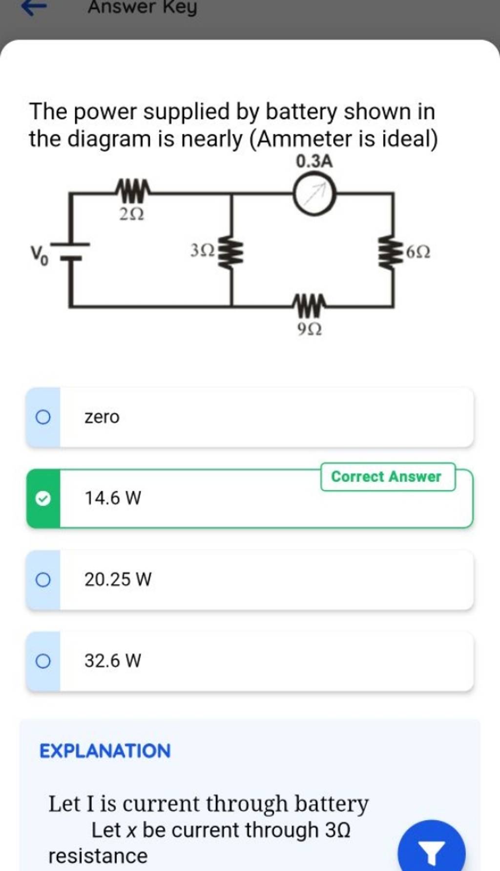 The power supplied by battery shown in the diagram is nearly (Ammeter is