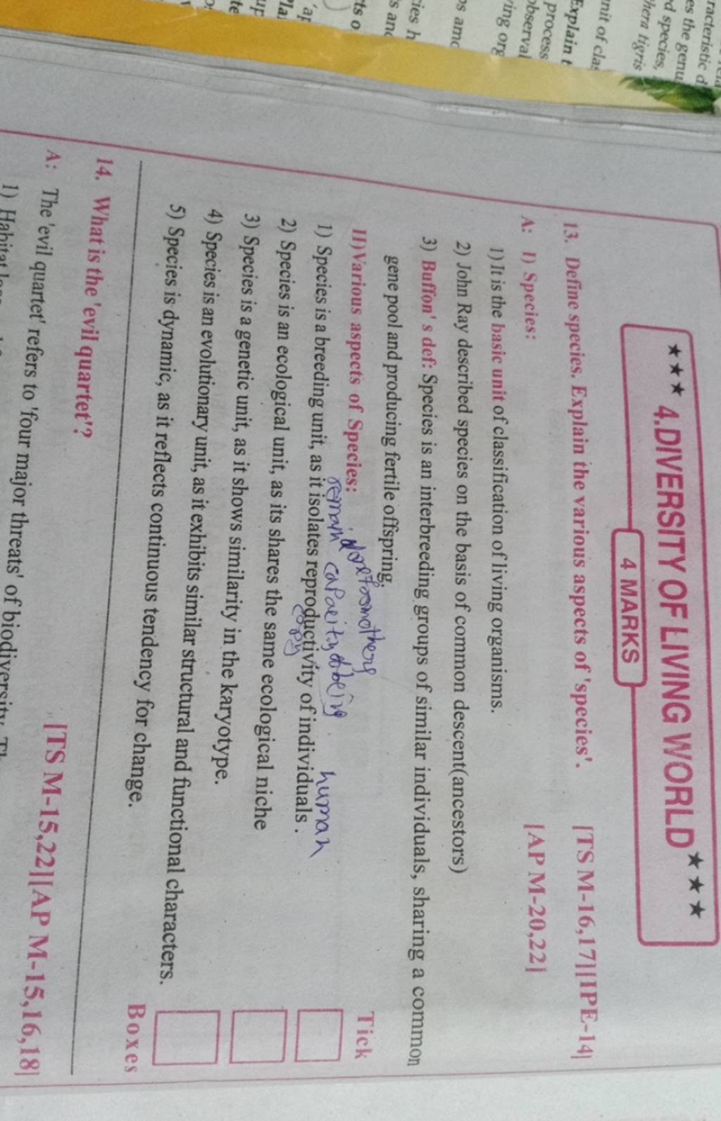 4 MARKS 13 Define Species Explain The Various Aspects Of species TS 4 marks 13 define species explain the various aspects of species ts