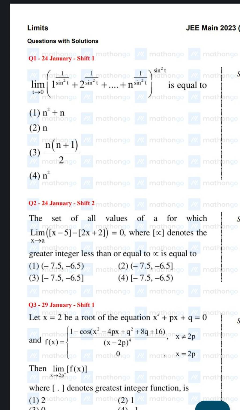 Limits JEE Main 2023 Questions with Solutions Q1 24 January Shift 1 l..