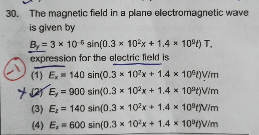 The magnetic field in a plane electromagnetic wave is given by By =3×10−6..