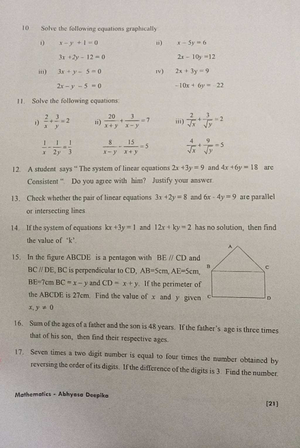 10. Solve The Following Equations Graphically I) X−y+1=0 Ii) X−5y=6 3x+2y..