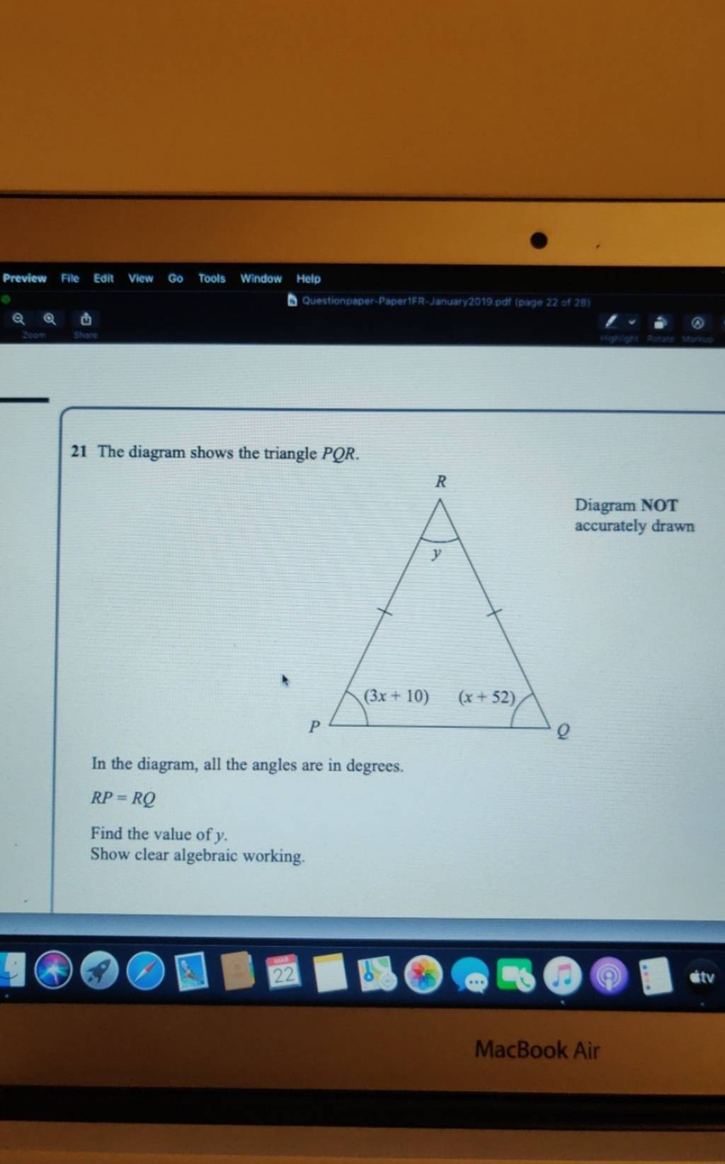 21 The diagram shows the triangle PQR. Diagram NOT accurately drawn In th..