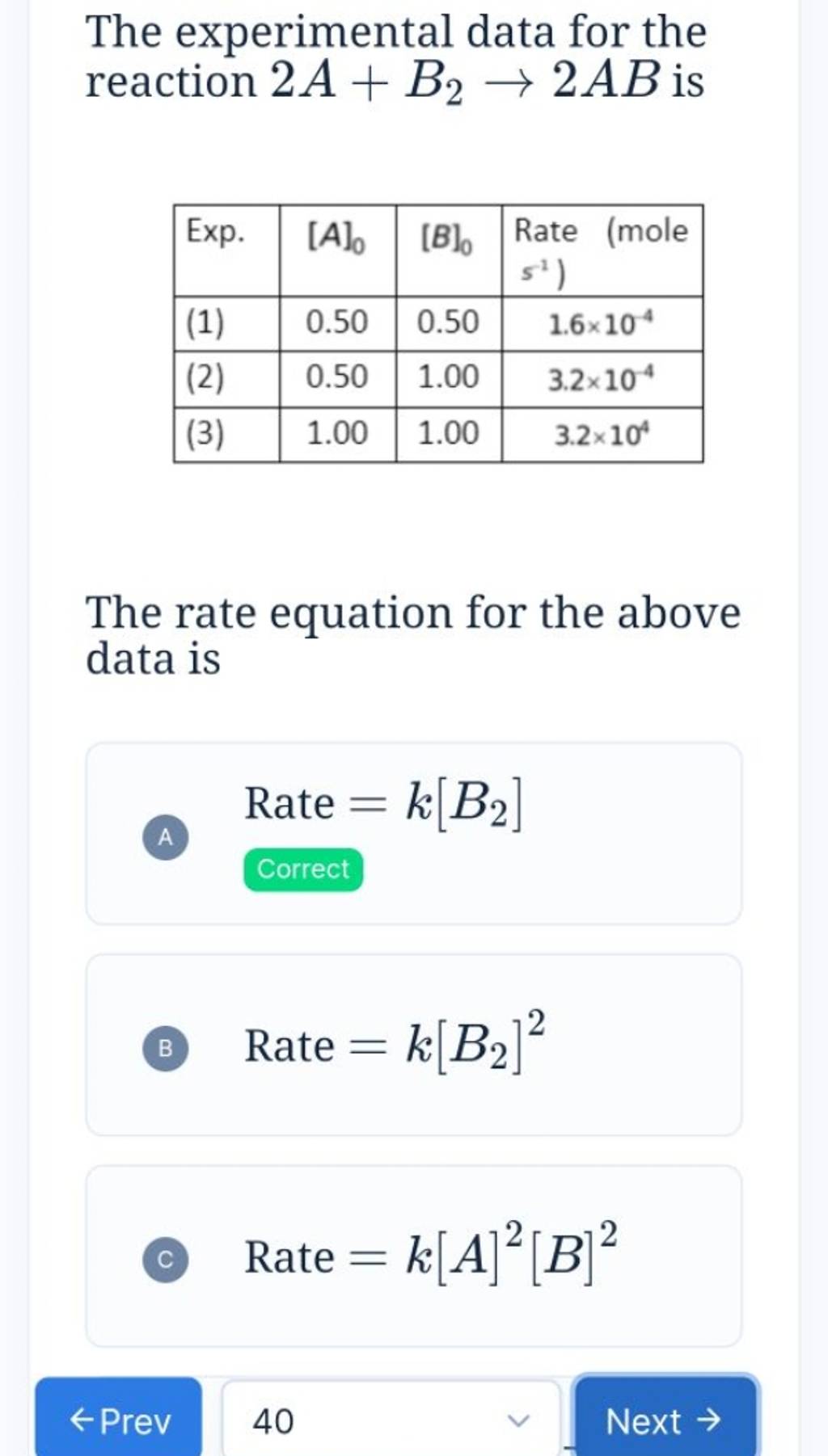 The experimental data for the reaction 2A+B2 →2AB is Exp.{0 }{0 }$\begin{..
