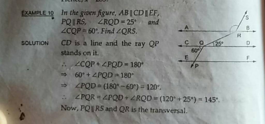 Example 10 In The Given Figure Ab∥cd∥ef Pq∥rs ∠rqd 25∘ And ∠cqp 60∘ Fi