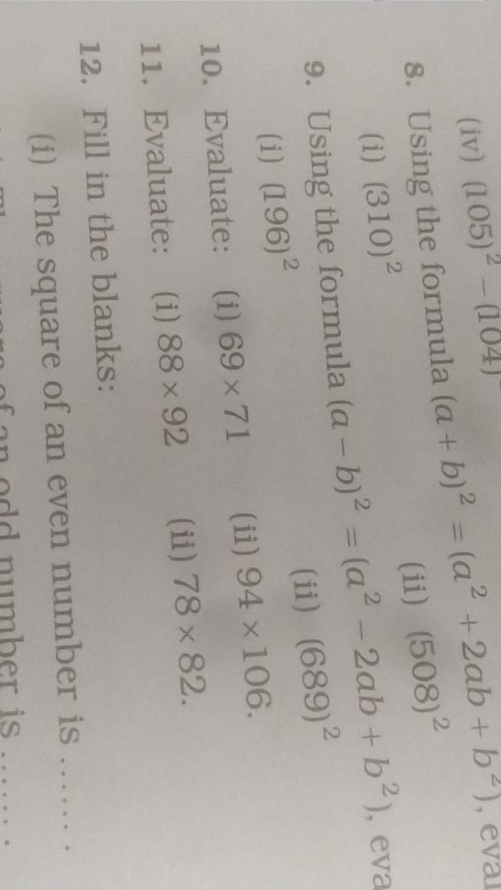 8. Using The Formula (a+b)2=(a2+2ab+b2), Eva (ii) (508)2 9. Using The For..