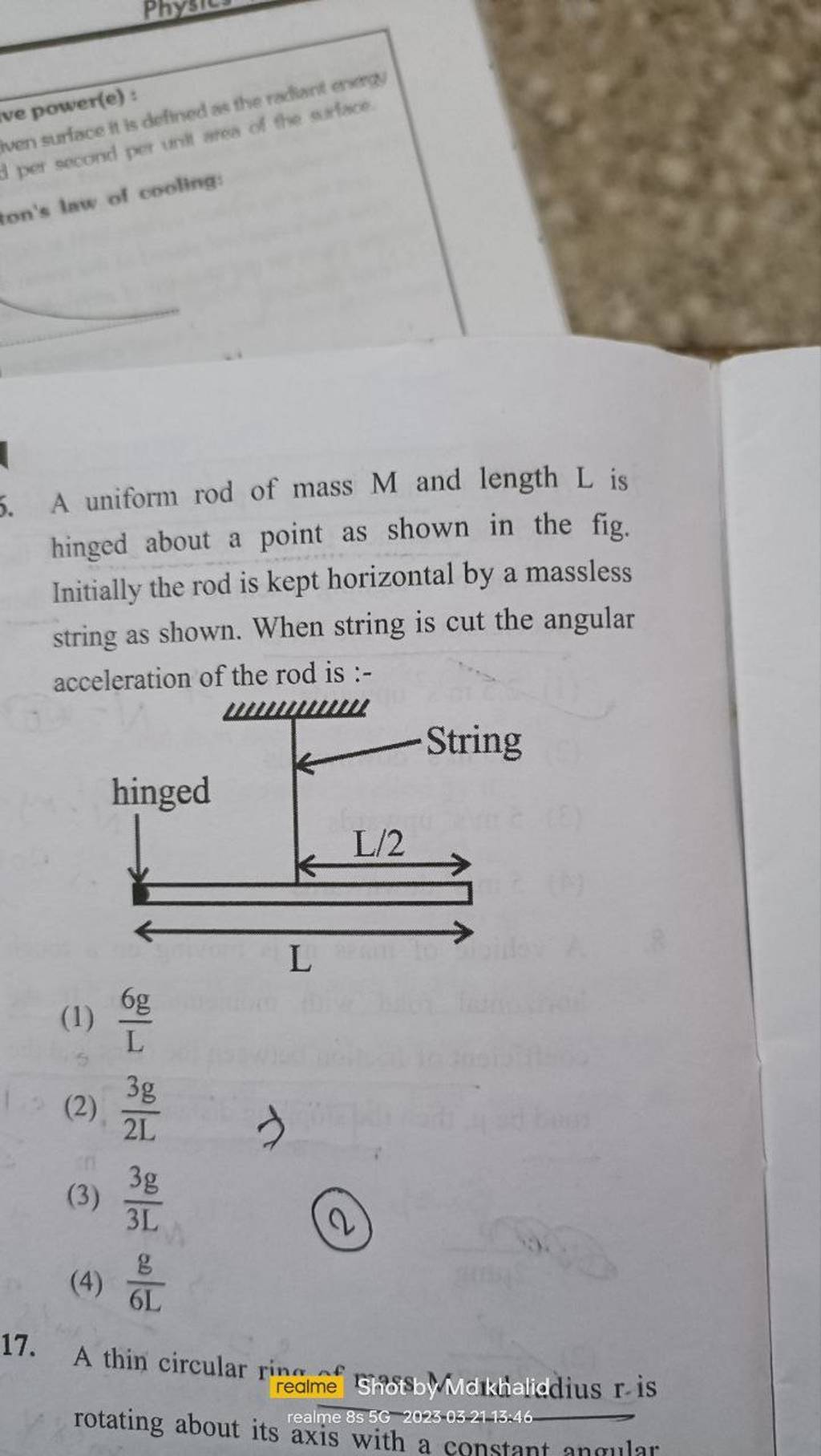 A Uniform Rod Of Mass M And Length L Is Hinged About A Point As Shown In