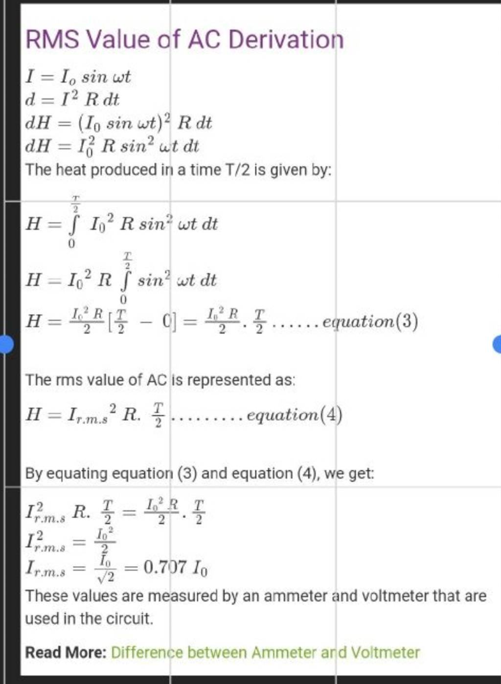 Rms Value Of Ac Derivation I Io Sin Td I Rdtdh I Sin T Rdtdh I Rsin