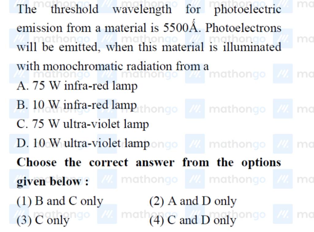 The threshold wavelength for photoelectric emission from a material is 55..