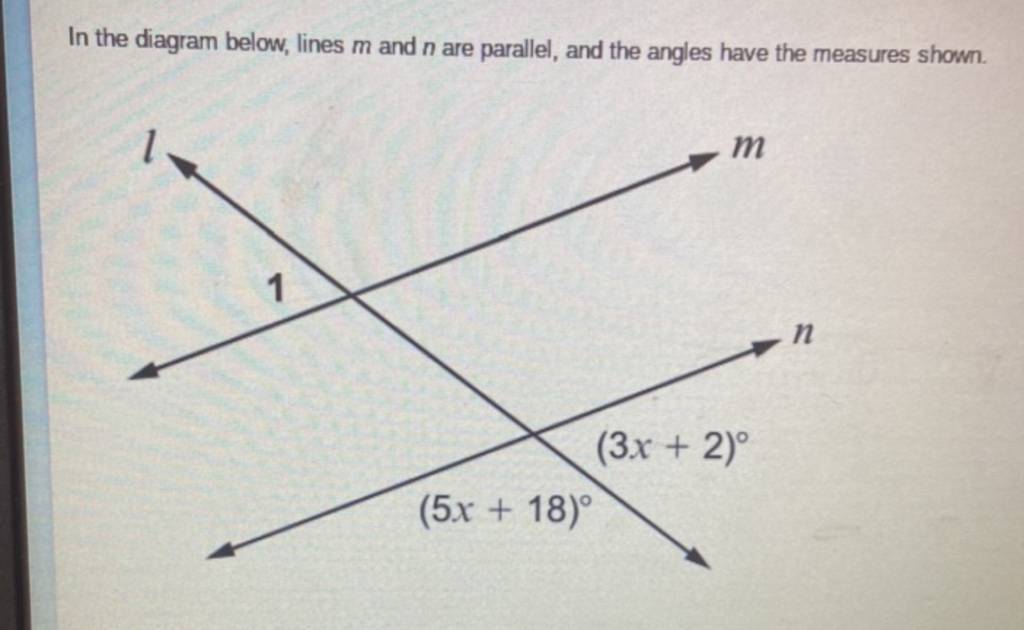 In the diagram below, lines m and n are parallel, and the angles have the..