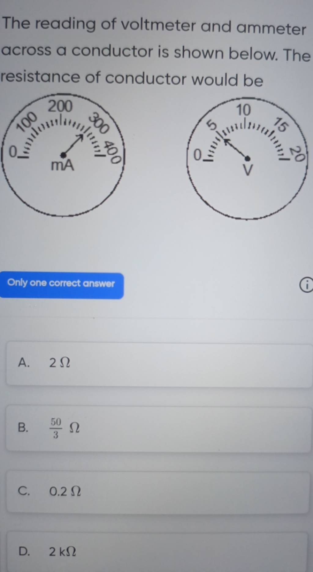 The reading of voltmeter and ammeter across a conductor is shown below. T..