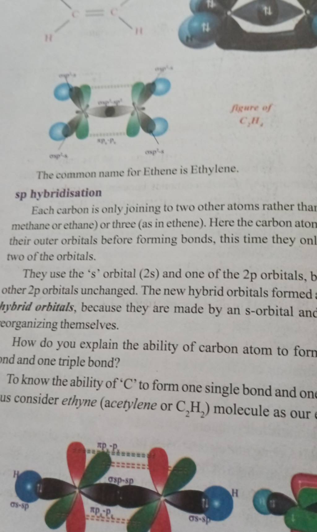 The common name for Ethene is Ethylene. sp hybridisation Each carbon is o..