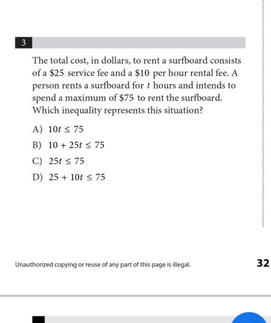 3 The total cost, in dollars, to rent a surfboard consists of a 25servic..