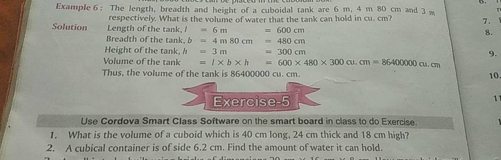Example 6: The length, breadth and height of a cuboidal tank are 6 m,4 m8..