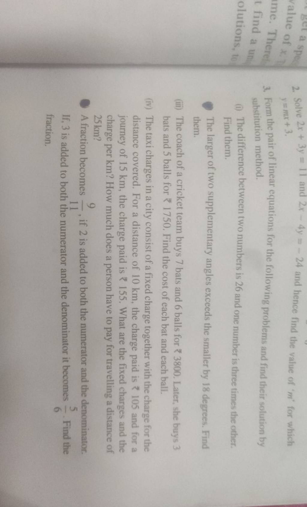 2-solve-2x-3y-11-and-2x-4y-24-and-hence-find-the-value-of-m-for-whi