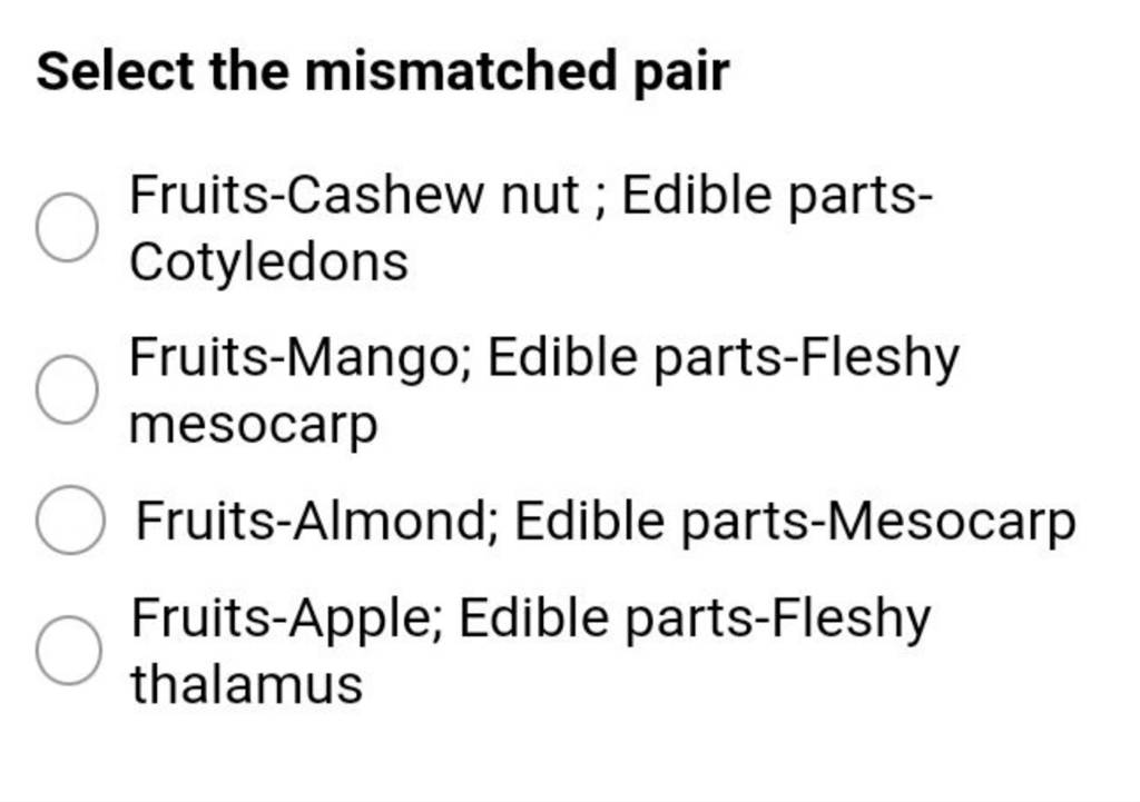 Select the mismatched pair Fruits-Cashew nut ; Edible partsCotyledons Fru..