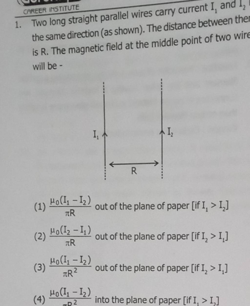 Two long straight parallel wires carry current I1 and I2 the same direc..