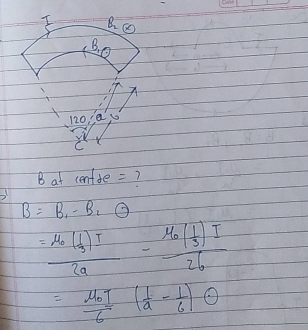 B At Centre =? B =B1 −B2 O=2aμ0 (31 )I −26μ0 (31 )I =6μ0 I (a1 −61 )↻