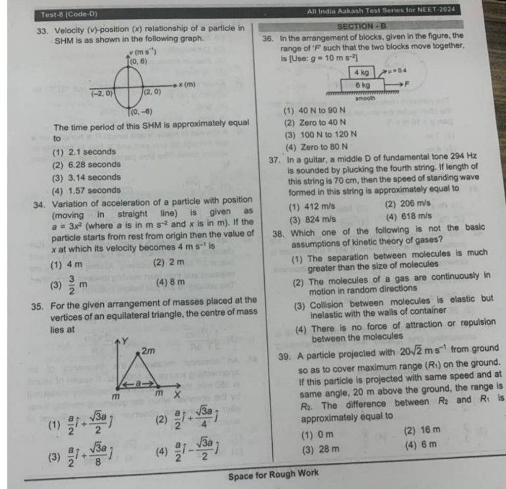 Test-8 (Code−D) All India Aakash Test Senes for NEET-2024 33. Velocity (v..