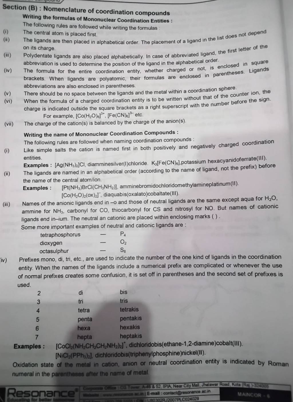 Section (B) : Nomenclature Of Coordination Compounds Writing The Formulas..