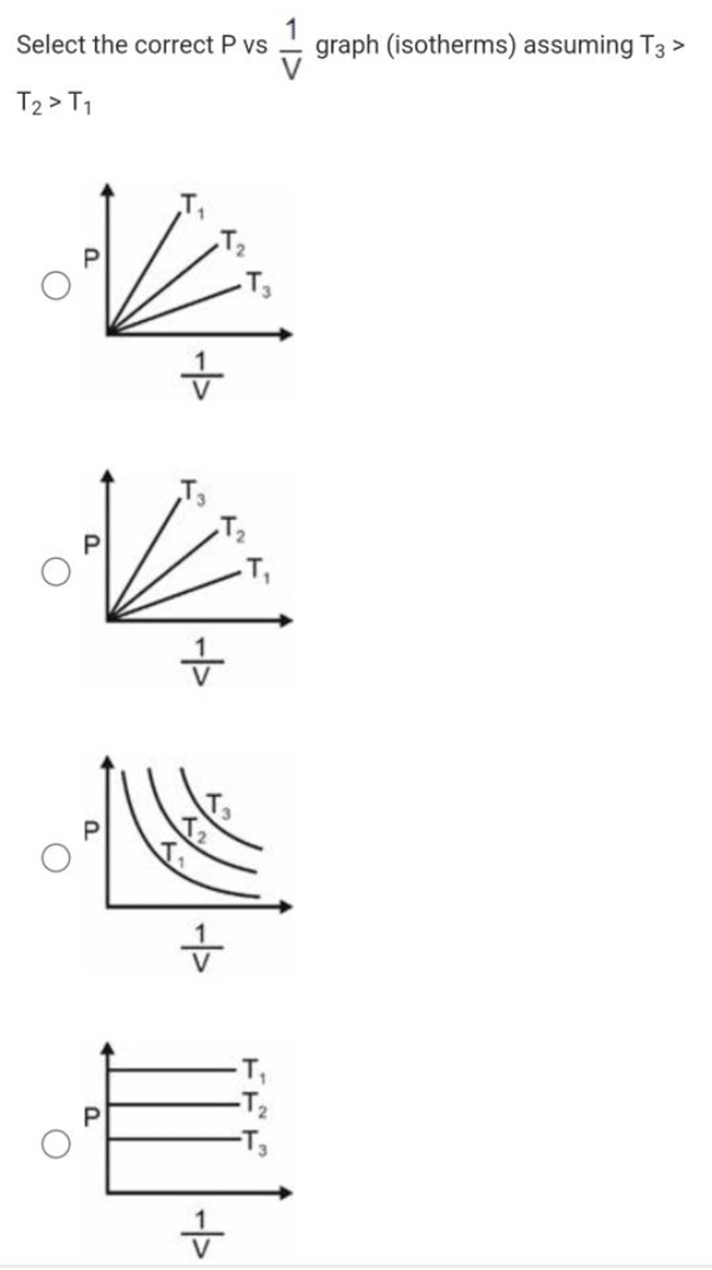 Select The Correct P Vs V1 Graph isotherms Assuming T3 T2 T1 select-the-correct-p-vs-v1-graph-isotherms-assuming-t3-t2-t1