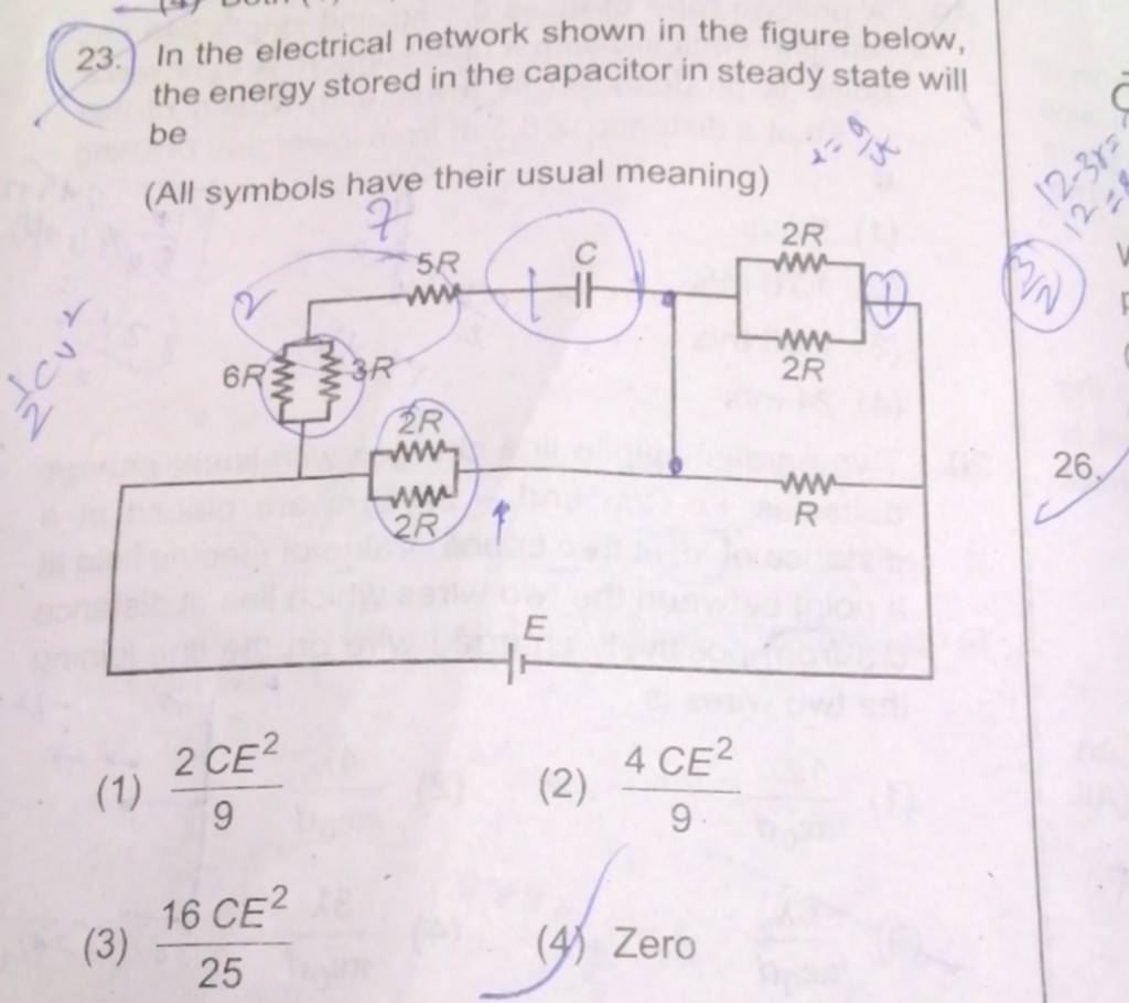 In the electrical network shown in the figure below, the energy stored in..