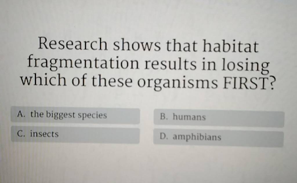 Research shows that habitat fragmentation results in losing which of thes..