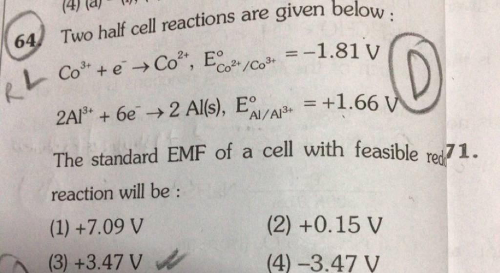 64 Two Half Cell Reactions Are Given Below Co3e−→co2eco2co3∘ −1 4316